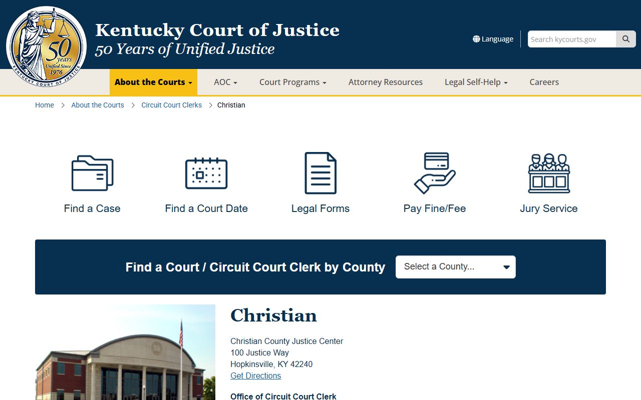Christian County court records Justice Center and Circuit Court Clerk page